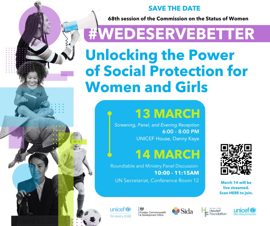 Starting today, world leaders meet at #CSW68 to highlight solutions to tackle gender equality, poverty, social protection and financing. Join us and our partners at the #WeDeserveBetter events: 🗓️13 March, UNICEF House 🗓️14 March, UN Secretariat & live at: uni.cf/4ci1BL4