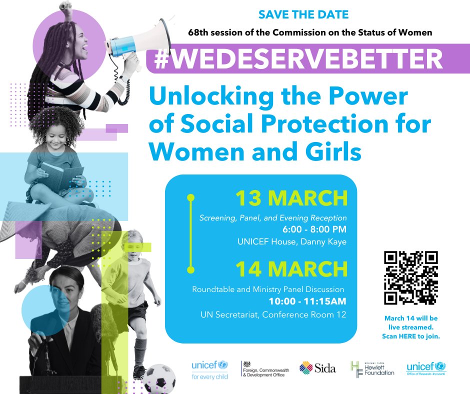 UNICEFSocPolicy's tweet photo. Starting today, world leaders meet at #CSW68 to highlight solutions to tackle gender equality, poverty, social protection and financing.
Join us and our partners at the #WeDeserveBetter events:
🗓️13 March, UNICEF House
🗓️14 March, UN Secretariat &amp; live at: https://t.co/PfBv3lAhy9 https://t.co/v0gqBJTQPz