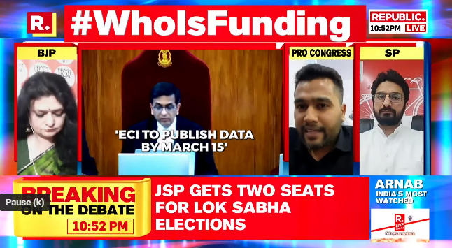 republic's tweet photo. #WhoIsFunding | The electoral bond is a bearer instrument. There has to be some form of accountability and auditory mechanism whenever taxpayers' money is involved: Lokesh Jindal (@lokijindal) Political Analyst
Tune in to watch the debate live with Arnab here and fire in your views - https://t.co/ypcpQKccFl
#SBI #StateBankofIndia #ElectoralBonds #SupremeCourt