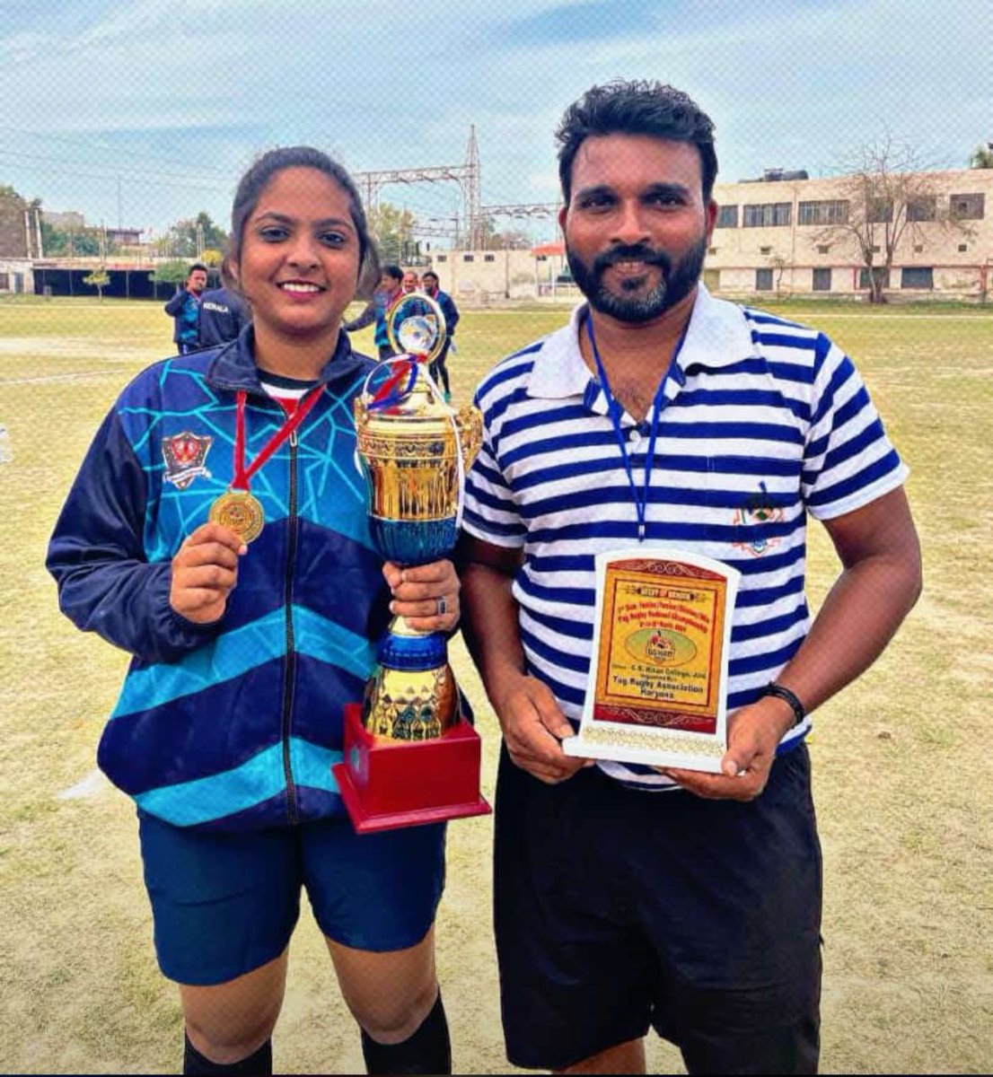 cadet_trv's tweet photo. tag #Rugby. A new emerging form of non-contact version of rugby. our #cadets yet again proved their tenacity in the #conceptualized version of the game at the 1st #national tag rugby championship at jind haryana. 1st year cdts of #Christian college kattakada win the #GOLD medal. https://t.co/858rN0B7Xh