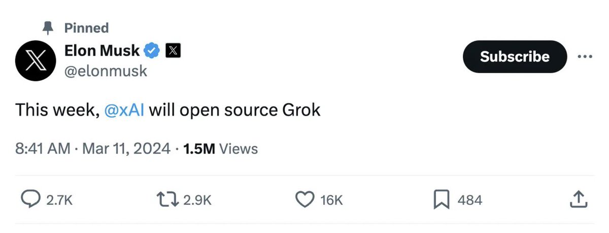 Grok AI to be open-sourced this week, says Elon. 
#Grok #OpenSourceAI