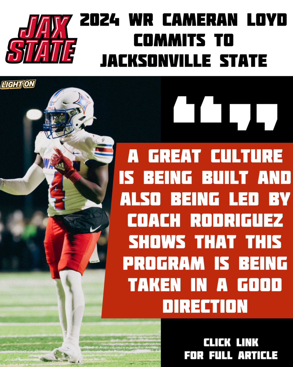 2024 WR Cameran Loyd committed to Jacksonville State last night. 🐓🔥 The Walton HS (GA) product spoke with Light On’s Jonathan Dobbins about his decision. Read More: lightoncollegesports.com/blog-2-1/2024/… #EarnSuccess @CameranLoyd