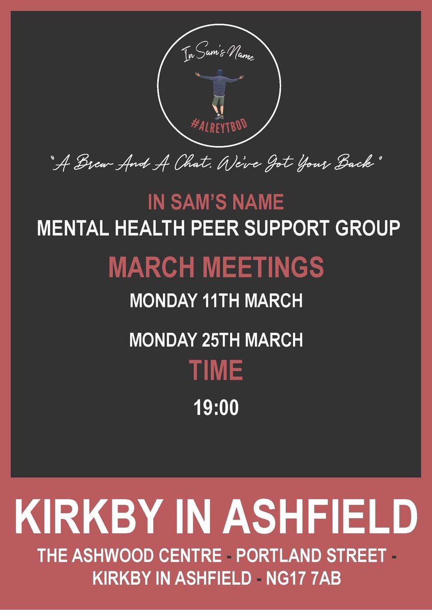 First meeting for our group in Kirkby-In-Ashfield takes place this evening. Information about tonights meet is on the poster below.

In Sam’s Name is a safe place to go and talk if your in need of a group like this why not come along.

#mentalhealth #kirkbyinashfield #bassetlaw