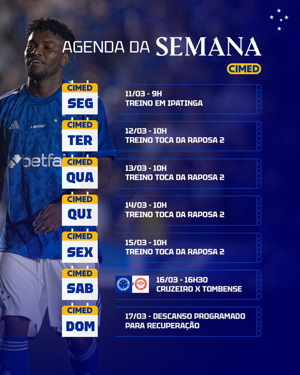 Confira nossa 𝐩𝐫𝐨𝐠𝐫𝐚𝐦𝐚𝐜̧𝐚̃𝐨 𝐬𝐞𝐦𝐚𝐧𝐚𝐥!

🏟️ No sábado, teremos o jogo decisivo da semifinal do Mineiro, contra o Tombense, no Mineirão.

🎫 Ingressos em ingresso.cruzeiro.com.br e app Nação Azul.

Seguimos! 👊

#FechadoComOCruzeiro #Cimed