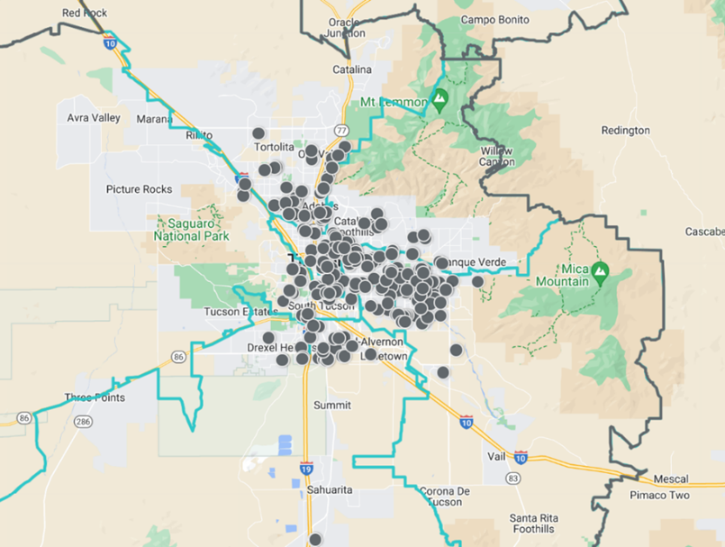 AZAGMayes's tweet photo. Yes, it's outrageous! From our @arizonaago complaint, here are two maps showing multifamily apartments where RealPage is allegedly collecting and sharing pricing and occupancy information in the Phoenix and Tucson areas. Camaron - thank you for sharing this. https://t.co/i0yhSrk8ml
