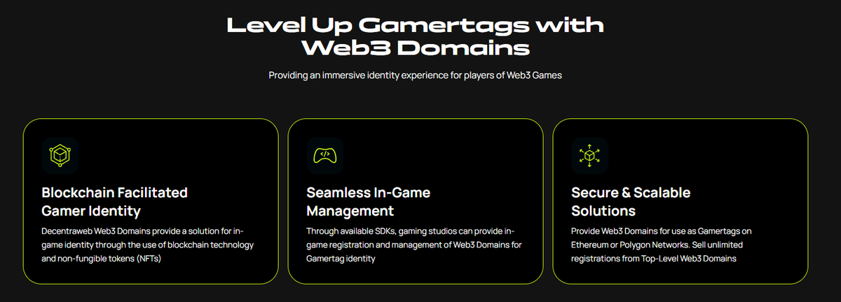 EmbePumpe's tweet photo. Upgrade your Gamertags with Web3 Domains for an enhanced player identity in Web3 Games. @decentra_web technology and NFTs offer unique gamer identities. Utilize our SDKs for easy in-game Web3 Domain management. 

@playtoearn_net @PlayToEarn @PlayOutlanders @play_ember @opensea https://t.co/itnvHHZcoP