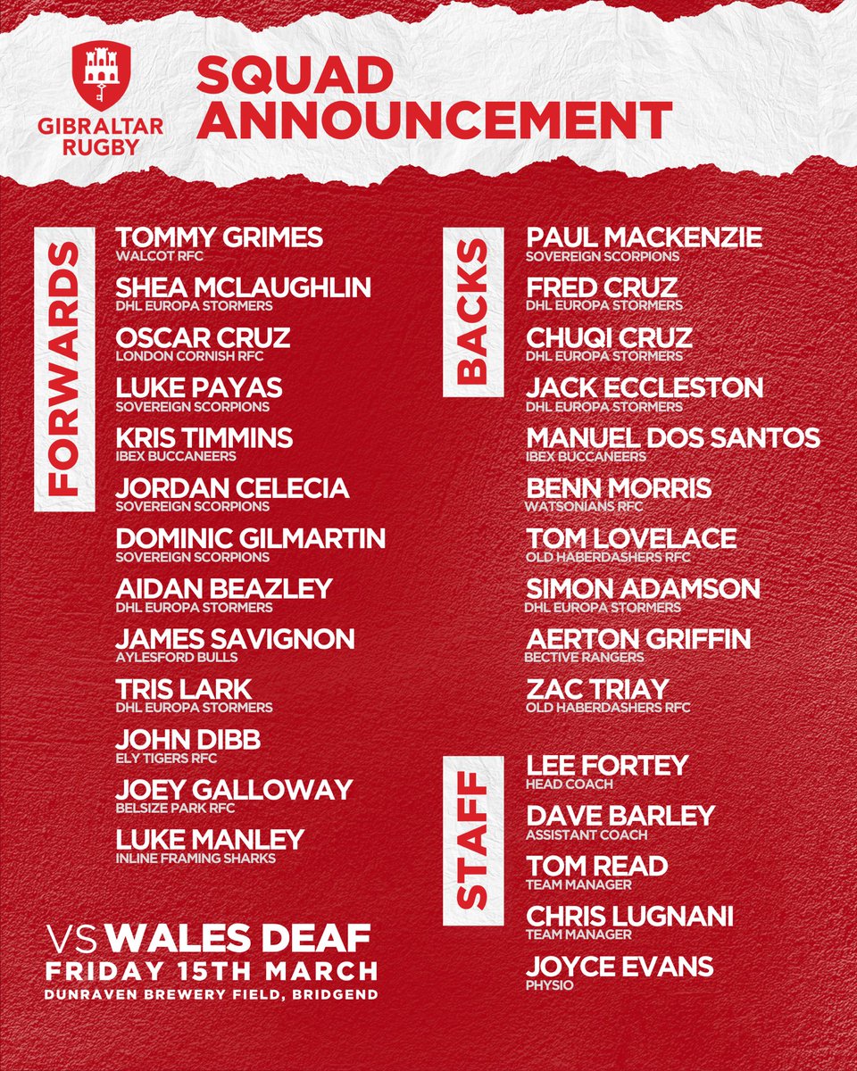 GibraltarRugby's tweet photo. Squad announcement 📣 🇬🇮

Head coach Lee Fortey has named his squad for this Fridays clash with Wales Deaf in Bridgend! 🙌

#GibraltarRugby https://t.co/pRQ67N4qJj