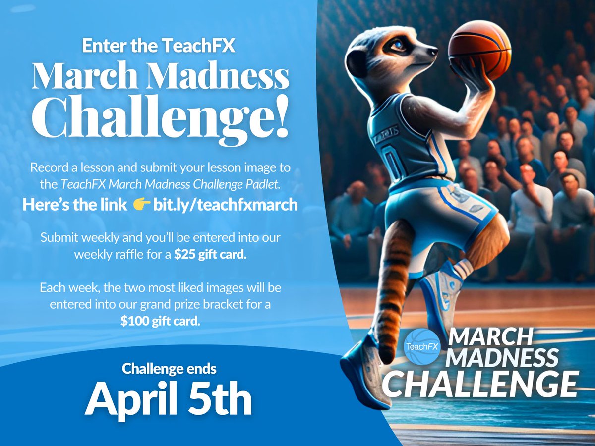TeachFX's tweet image. Bring the big game to your classroom 🏀

Join the TeachFX March Madness Challenge! 

It's simple: Record a lesson using TeachFX and submit your lesson images for a chance to win big prizes! 
Submit here 👇

bit.ly/teachfxmarch

#k12 #teachers #edtechchat