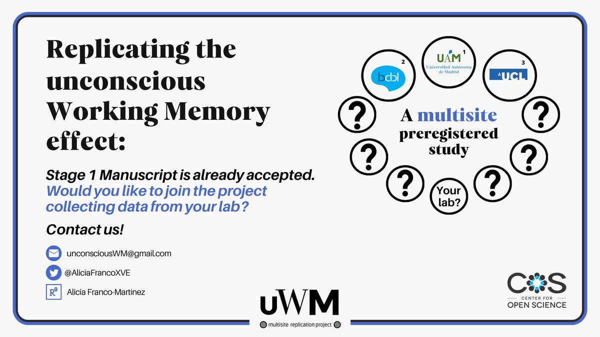 🌐Calling all cognitive science labs! Join us in an exciting multisite preregistered study to replicate the unconscious Working Memory effect. Our Stage 1 Manuscript is accepted (osf.io/tkv6r) and we're ready to collect data👥🖥️ Interested? 👉unconsciousWM@gmail.com