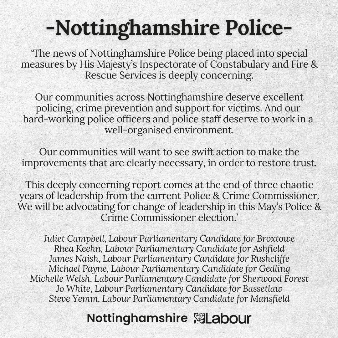 It is deeply concerning to see Nottinghamshire Police in special measures. Joint statement with @julietocampbell @RheaKeehn @jameswnaish @CllrJoWhite @CllrChelleWelsh @steveyemm.👇🏻