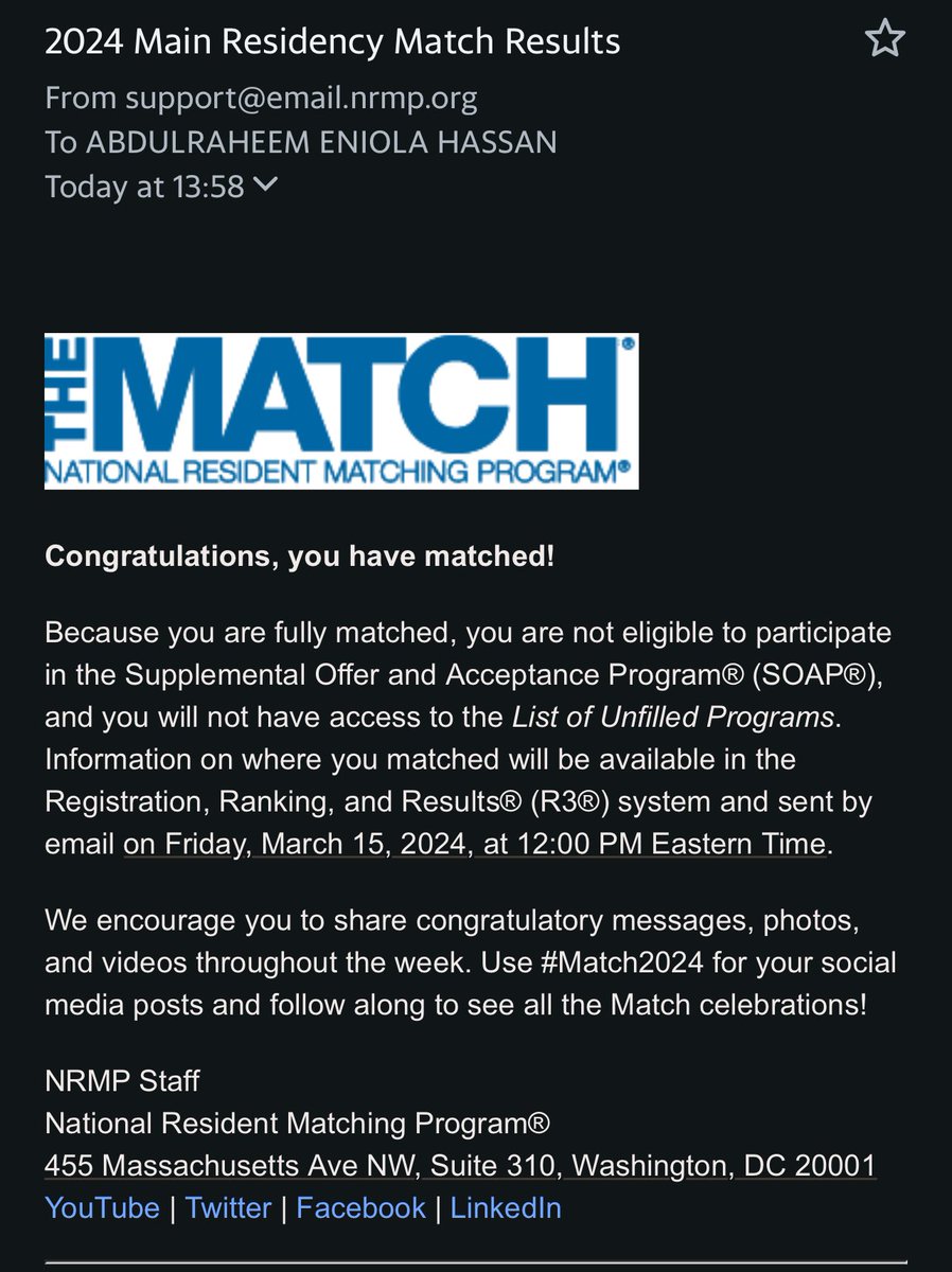anyholla's tweet photo. Today marks a significant milestone in my life, a day I've eagerly anticipated for so long. I've poured my heart and soul into reaching this point,I've witnessed countless match days pass by, each one instilling in me a sense of hope and resilience. I matched #Match2024 https://t.co/6I0H01ejRL
