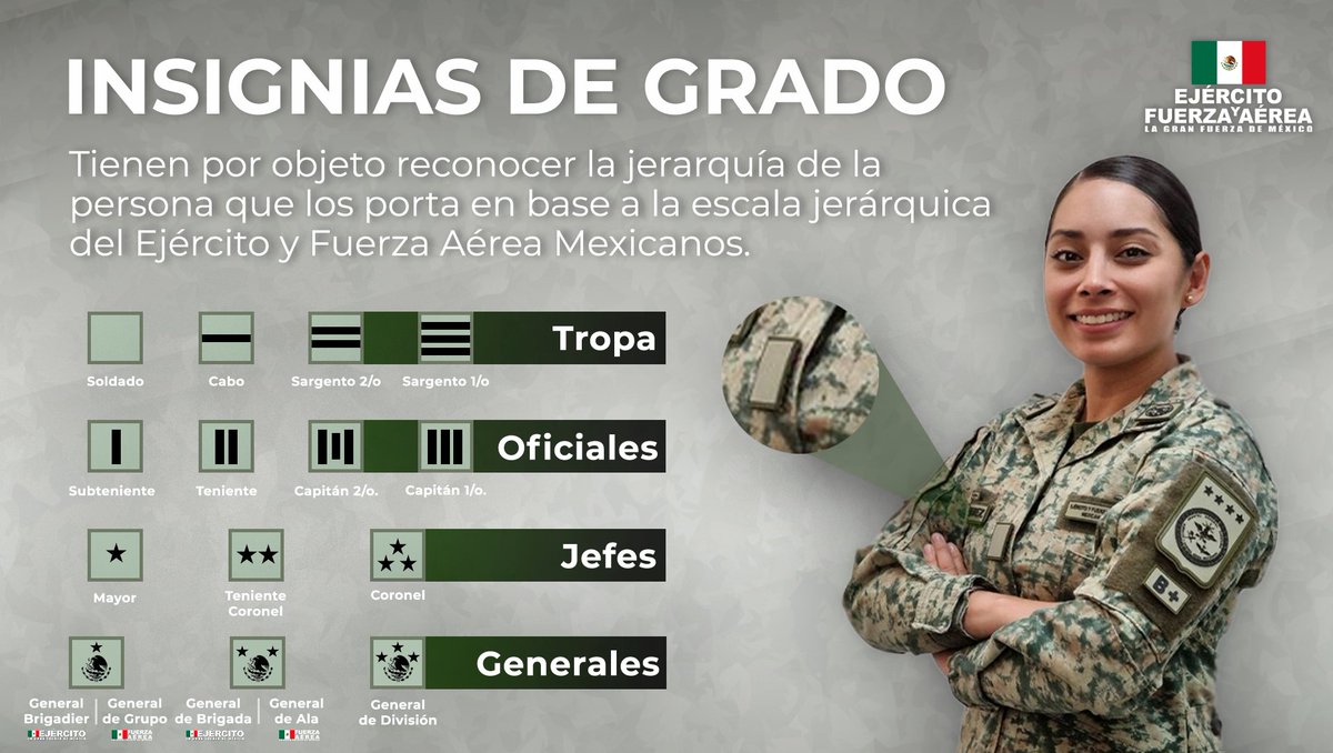 Defensamx1's tweet photo. Te presentamos las #Insignias de los #Grados, las cuales representan la jerarquía de la persona que los porta en base a la escala jerárquica del #EjércitoMexicano y #FuerzaAéreaMx. https://t.co/MV19SYNoHB