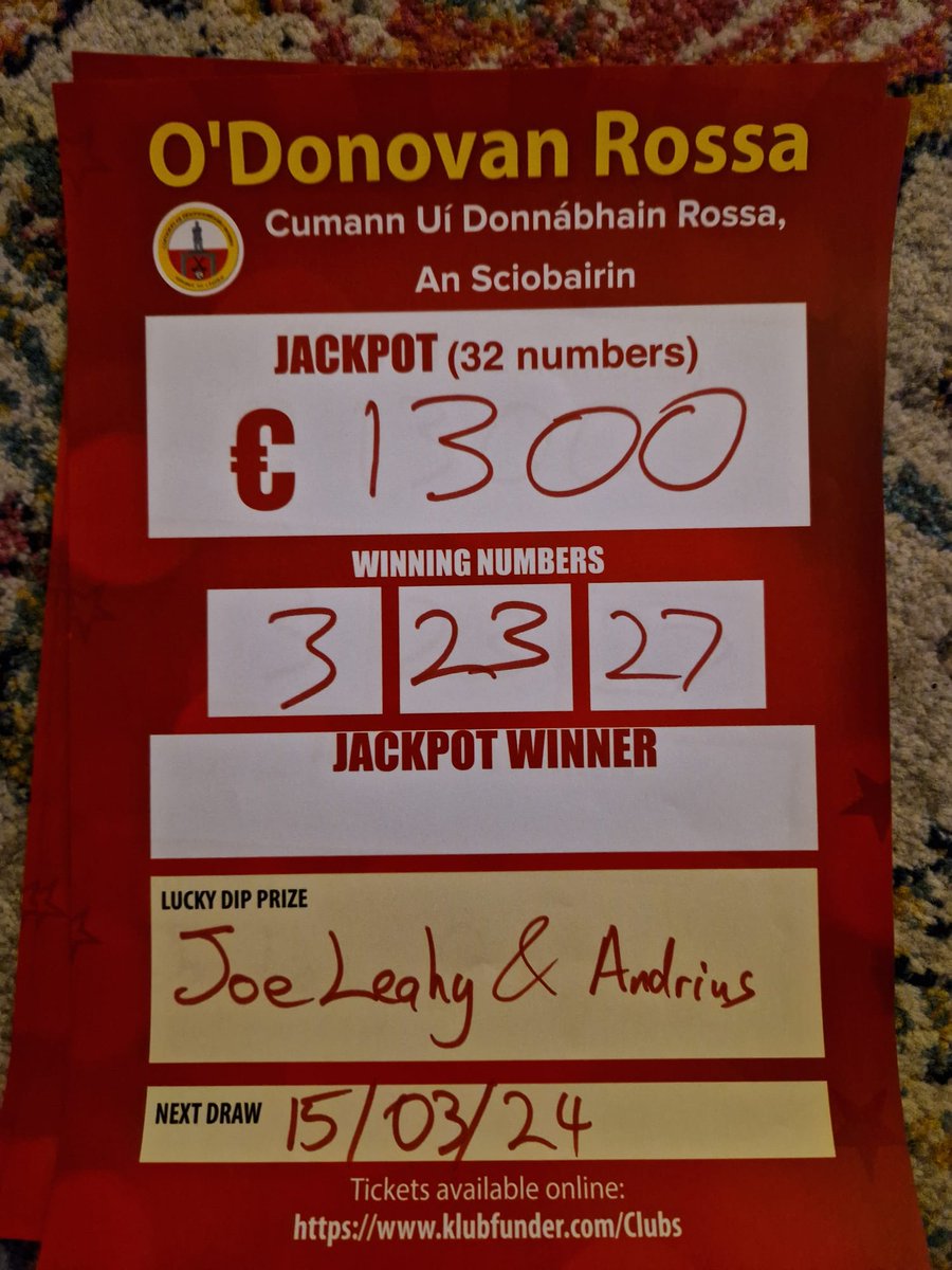 O'Donovan Rossa GAA Lotto Results for 8/03/2024: Next draw taking place Friday 15th of March. Tickets available in the usual local outlets or you can play online now: klubfunder.com/Clubs/O_Donova…