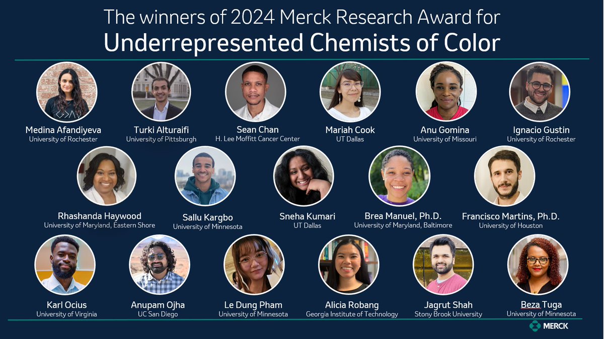🎉 Congratulations to the winners of the 2024 Merck Underrepresented Chemists of Color Research Award! 🥇👏 Get ready for a great year of mentorship and networking with @Merck chemists! 🌟#MerckChemistry