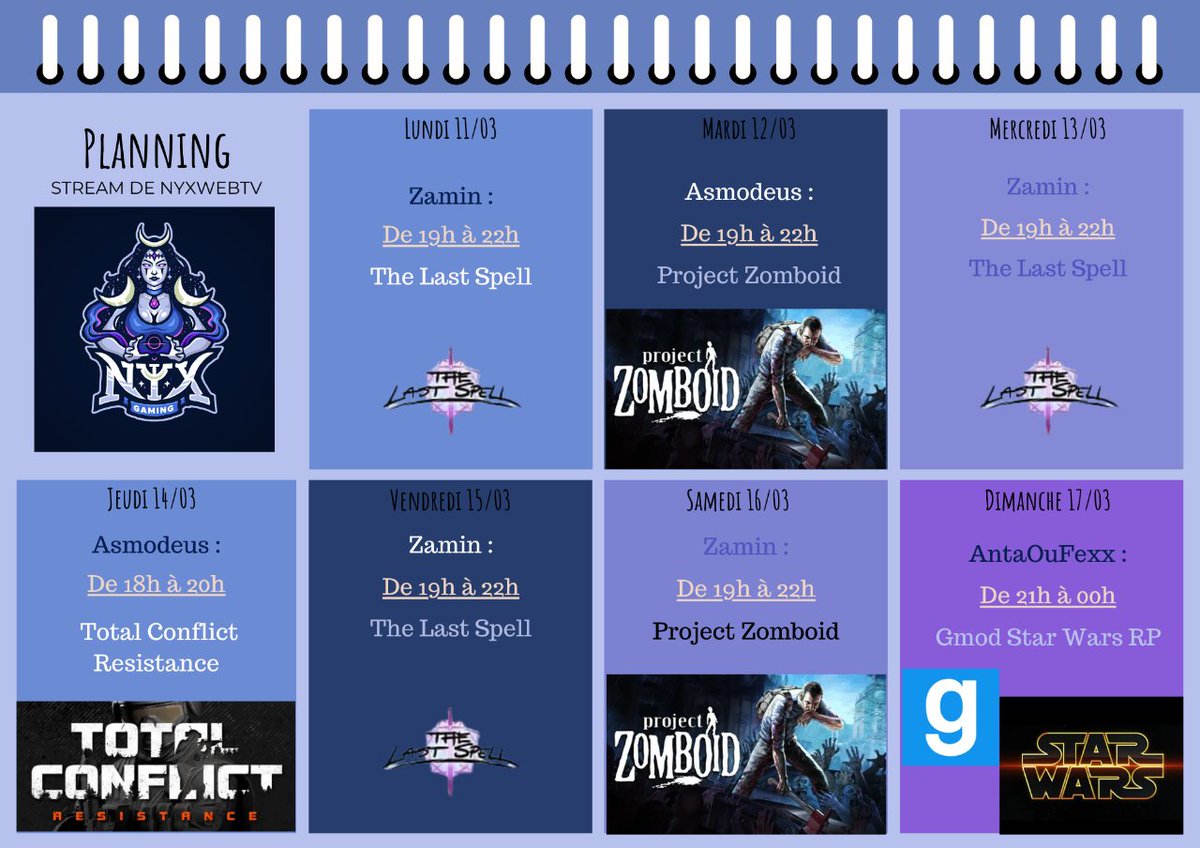 nyxgamingesport's tweet photo. Vous l'attendez et le voici !
Le planning Twitch de la semaine pour la #NYXG !
Venez participer à nos lives et parler avec nous ❤
Venez nombreux 😉 On vous attends !
#LiveStreaming #twitch #planning #livechatting #gaming #joinus https://t.co/zhCrELZ5Hj
