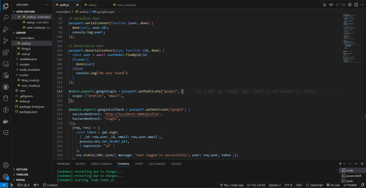 Was so confused what is the need to serialize and deserialize user after user has successfully logged in using Google.

serializeUser - calls on user authentication and when session needs to be created 

deserializeUser - calls when session need to be deserialized
#LearnInPublic