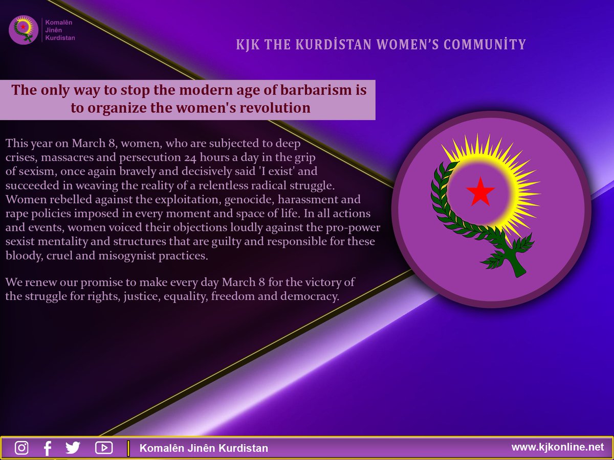 KJK stated that March 8, 2024, became the concrete expression of women's awakening, consciousness, will and organization, adding: “Today, the women's struggle has become the most radical struggle for democracy and human rights.”👇👇 kjkonline.net/en/nivis/813