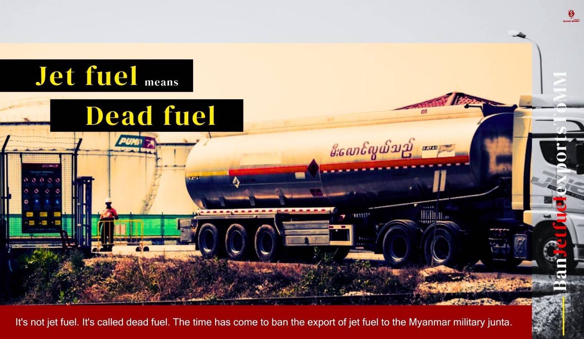 nslwin's tweet photo. Banning jet fuel to Myanmar is the most effective thing the int'l gots can do to address Burma's human rights and humanitarian crisis. Jet fuel that has ended up in the hands of MM’s military fuel is used in brutal  air strikes.
 #SanctionAviationFuel @GOVUK @USTreasury https://t.co/im5LAwGeC3