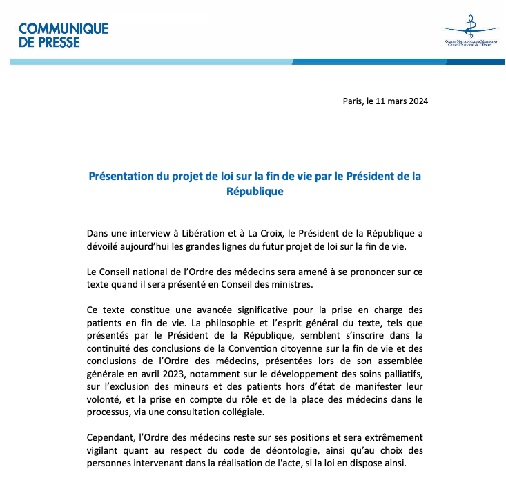 Ordre des Médecins (@ordre_medecins) on Twitter photo Le Président <a href="/EmmanuelMacron/">Emmanuel Macron</a> a dévoilé les contours du futur projet de loi sur la #findevie. Si le CNOM salue des modifications significatives, il sera également vigilant quant au respect du code de déontologie et le choix des personnes intervenantes si la loi en dispose ainsi ⬇️ Le Président <a href="/EmmanuelMacron/">Emmanuel Macron</a> a dévoilé les contours du futur projet de loi sur la #findevie. Si le CNOM salue des modifications significatives, il sera également vigilant quant au respect du code de déontologie et le choix des personnes intervenantes si la loi en dispose ainsi ⬇️