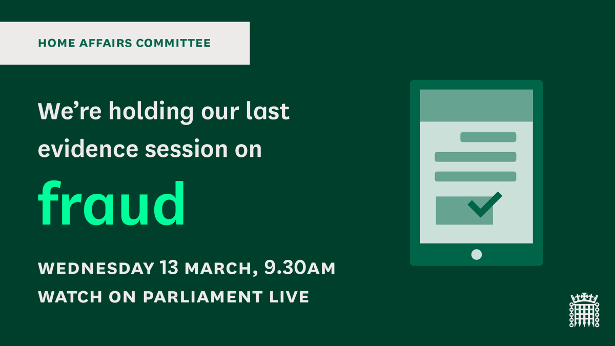 This morning at 9.30am we're continuing our inquiry on fraud. We're taking evidence from @TomTugendhat, Security Minister @ukhomeoffice and government officials dealing with fraud and financial crime. Watch on Parliament Live ⬇️ parliamentlive.tv/Event/Index/73…