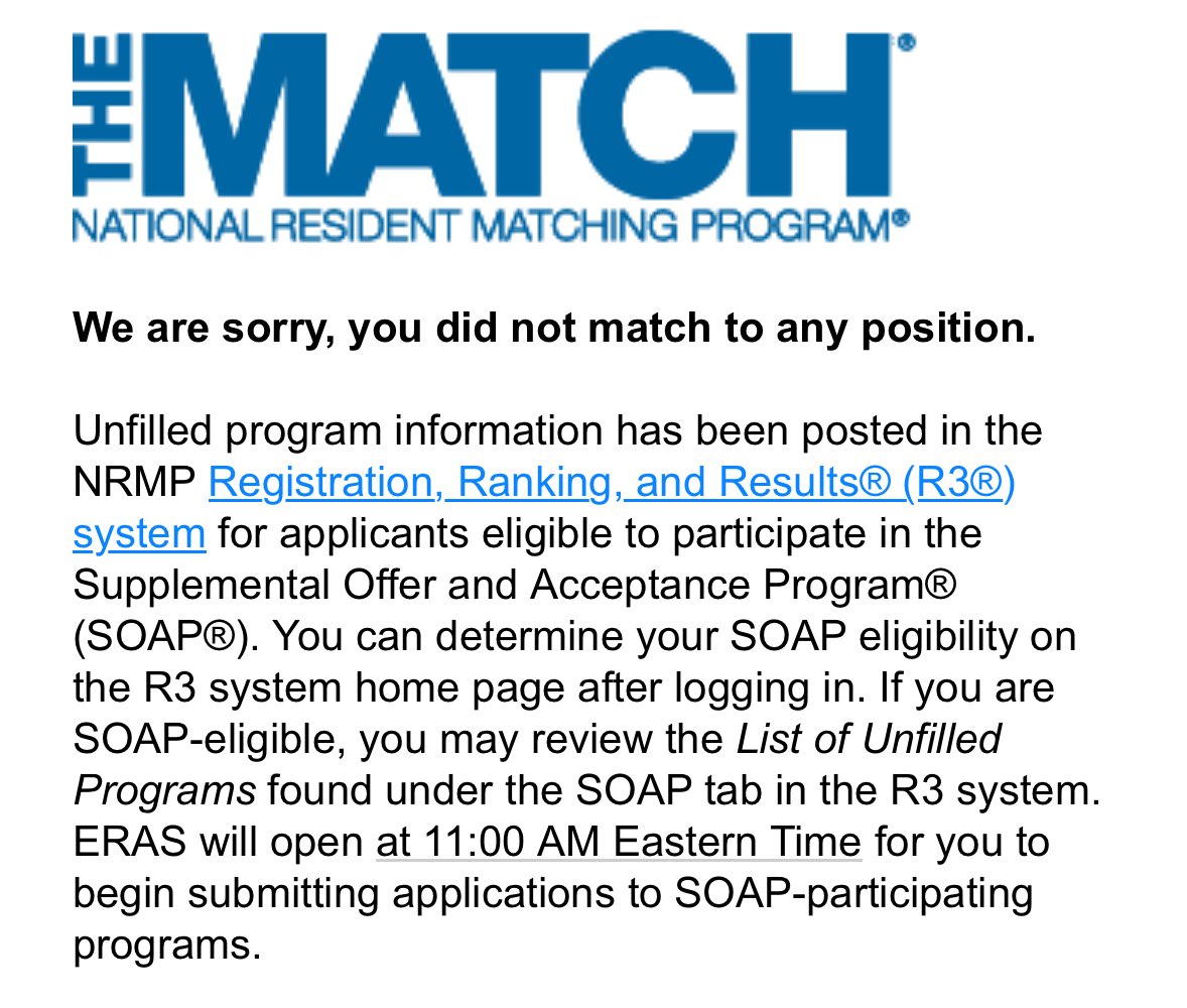 Rough way to start the day. Unfortunately I didn’t match. But this is not over. Any advice will be greatly appreciated. #IMG #GeneralSurgery #WeDontStop #SOAP