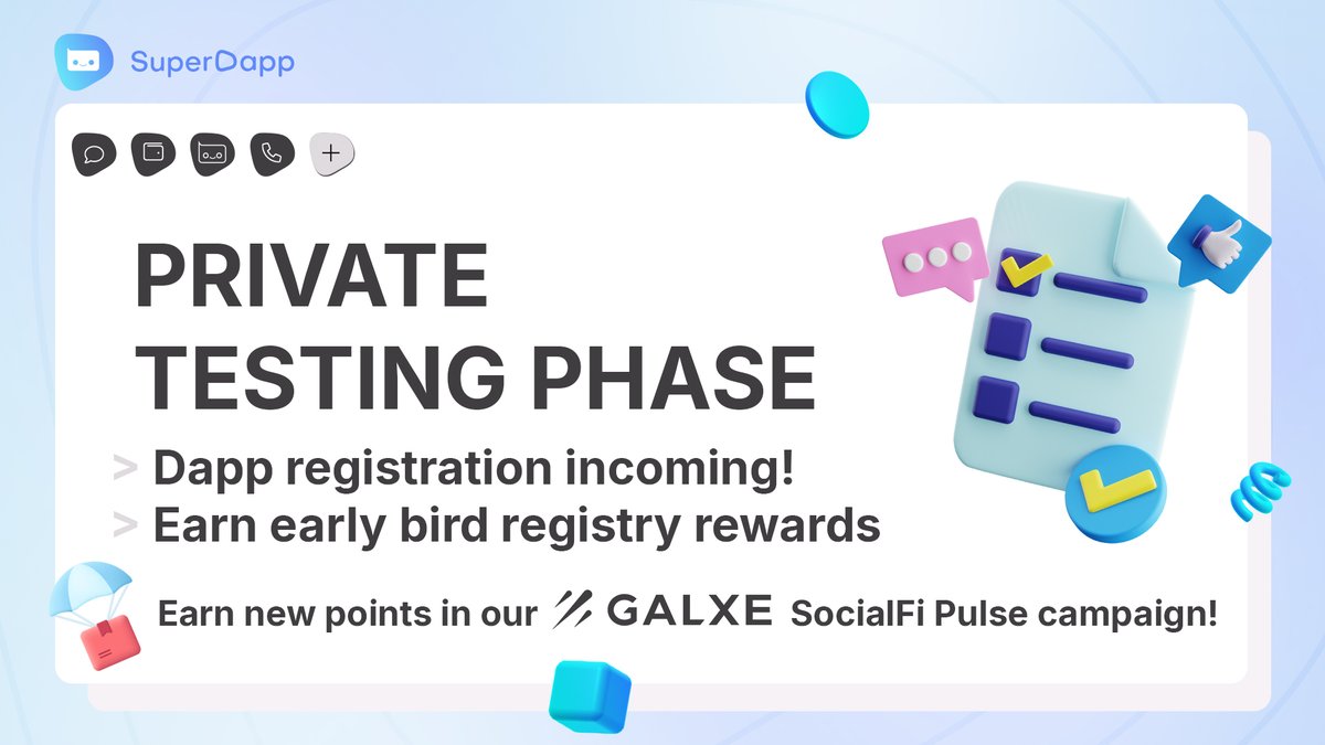 SuperDappAI's tweet image. 📢 The #Syscoin #SocialFi #Pulse campaign powered by @Galxe has been upgraded for #SuperDapp!

🤖 Gear up for the next phase of SuperDapp's unveiling by earning #GALXE points. We are currently in private testing &amp;amp; will soon release a new registration!

🔗: galxe.com/rollux/campaig…
