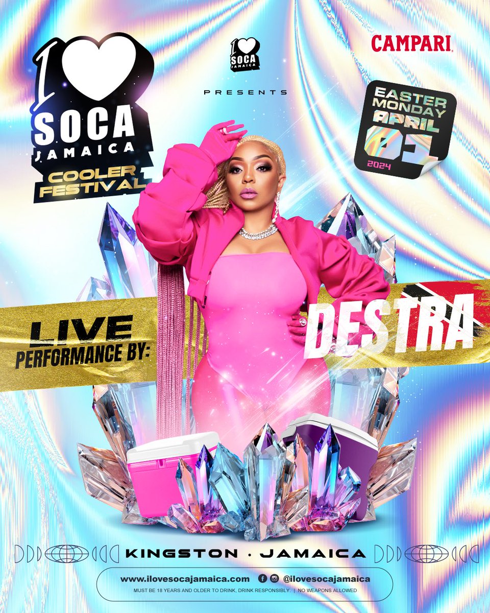 This EASTER MONDAY, enjoy the sweet sounds of Soca music from one of the Soca legends, the queen of bacchanal <a href="/DestraGarcia/">Queen of Bacchanal</a> 🔥 🇹🇹 

<a href="/ilovesocaja/">ilovesocaja</a> ’
COOLER FESTIVAL
Mon April 1st 2024
Kingston 🇯🇲
5pm until

Early Bird Tickets: ilovesocajamaica.com