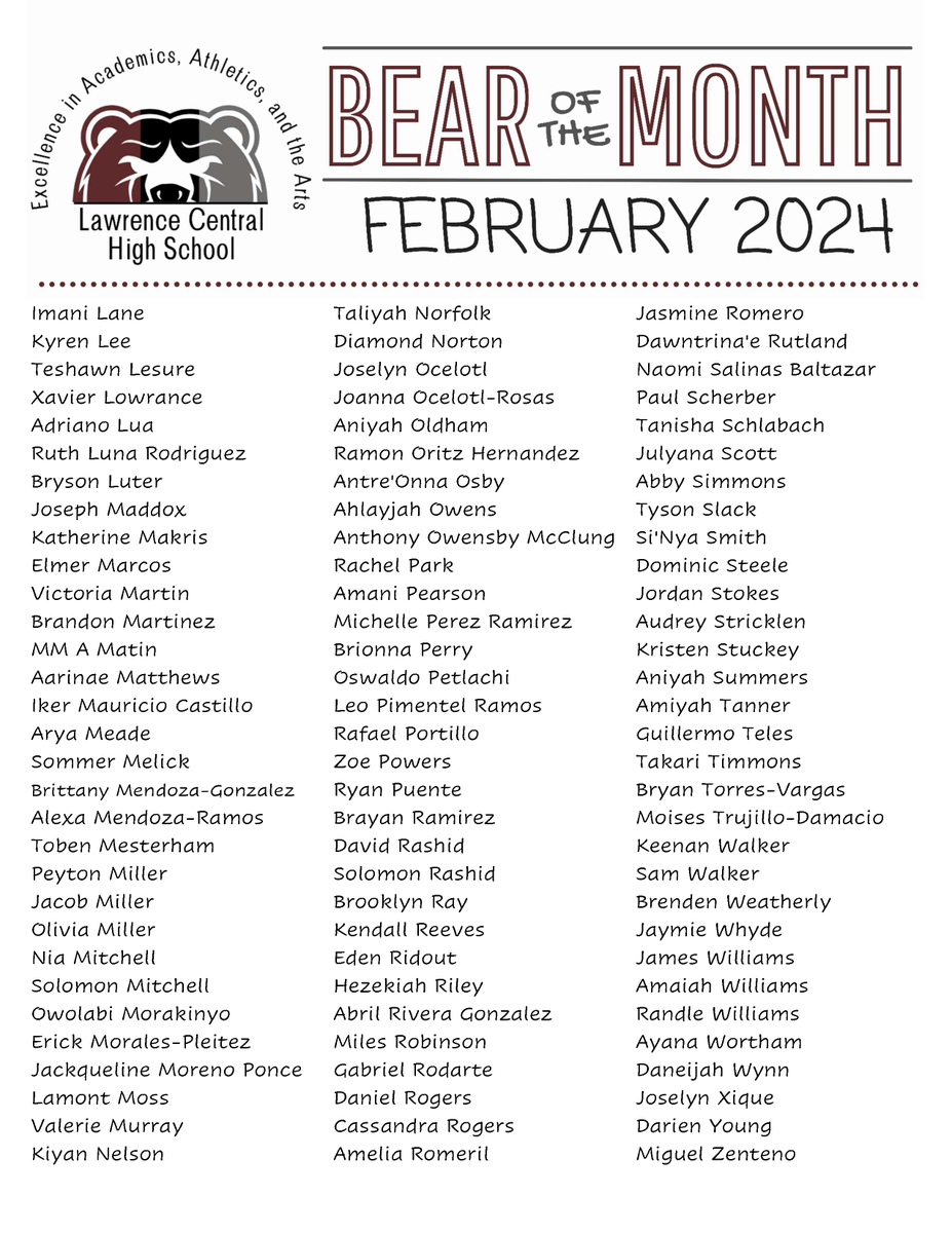 Congratulations to our 189 Bear of the Month recipients for February 2024! Bear of the Month students can be recognized for Outstanding Character, Academic Excellence, Improving Behavior, Positive Attendance, Leadership, and Service. ?@LCHSBears @ltgoodnews