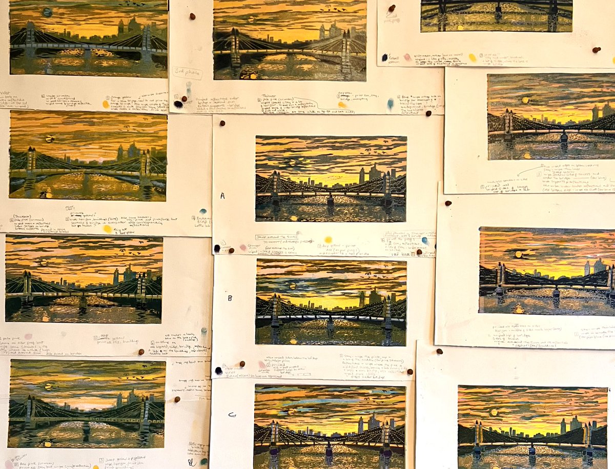 As one example of life as a slightly tragic nitpicker, here are a lot of more or less identical trial proofs of my linocut of Albert Bridge on my studio wall at the moment. If only I’d picked the first one I did and just got on with it! #printmakingstudio #linocut