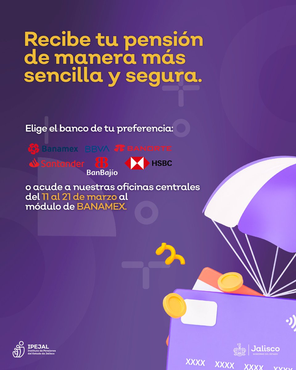 #IMPORTANTE Si eres pensionado, jubilado o beneficiario del #IPEJAL y aún recibes tu pensión mediante referencia bancaria ¡cambia tu forma de pago! Acude a la sucursal bancaria de tu preferencia y apertura una cuenta o visita nuestras oficinas en Magisterio 1155. #ipejal70