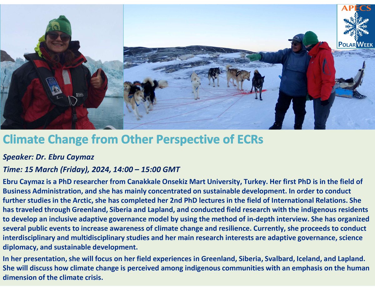 💻 Join our #webinar 'Climate Change from the Perspective of ECRs' on 15 Mar 24, 14:00-15:00 GMT. Dr Ebru Caymaz will discuss climate change perception among indigenous communities in the Arctic. ✍️Register: us02web.zoom.us/webinar/regist… #PolarWeek #ClimateChange