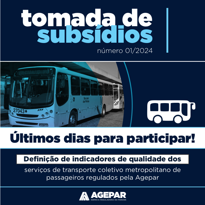 AgeparParana's tweet photo. Termina, no próximo dia 19, o prazo para participar da tomada de subsídios da Agepar referente à definição de indicadores de qualidade do transporte coletivo metropolitano, por meio de formulário online. Para participar, acesse: https://t.co/qccZ0kvNVb https://t.co/CM49mh0NkZ