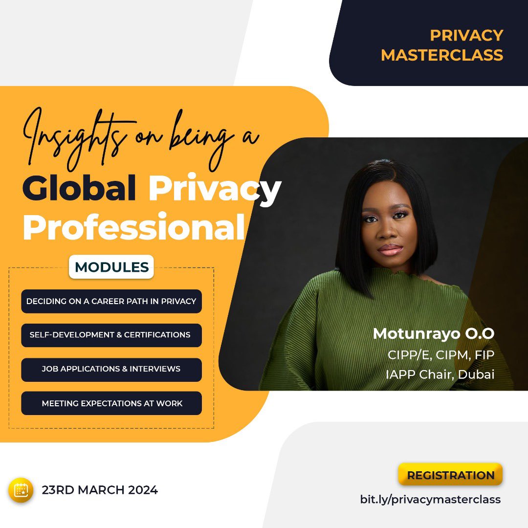 tunnie__'s tweet photo. If you are in Privacy OR considering a career path in Privacy | data protection, then this will be of great interest👇🏾

Please sign up, and share also with anyone you know may be interested 🫶🏾 https://t.co/aGOUNxJt7V