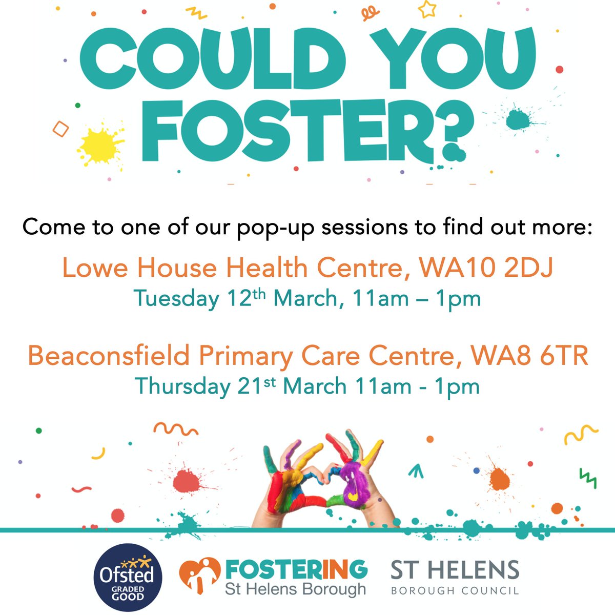 The fostering team at @sthelenscouncil will be holding pop-up sessions at our health centres across the #NorthWest this month - head along on one of the dates below to hear more about their amazing work and how you could get involved, or go to fostering.sthelens.gov.uk