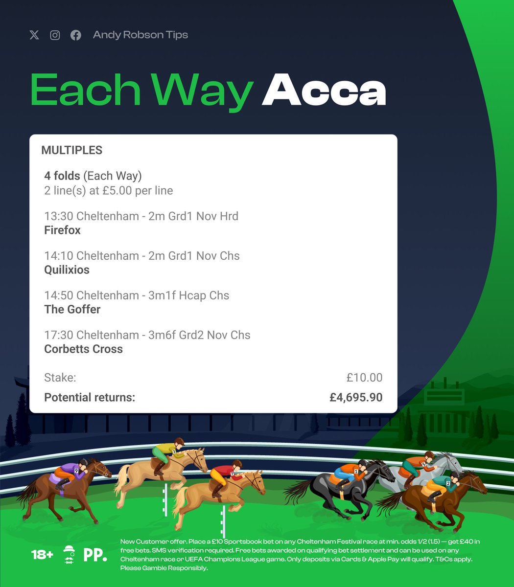 🏇 923/1 Cheltenham Day One E/W Acca

Load bet: bit.ly/Day1-Acca

🎁 Join Paddy Power, place £10 on this bet and get £40 in Free Bets guaranteed.

Claim offer: bit.ly/FreeBets40-

✏️ Research for every horse in replies.

18+, T&amp;Cs Apply. Ad.