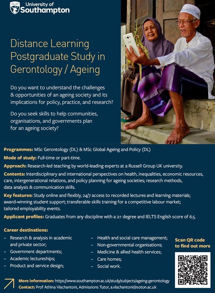 Are you interested in learning more about 'how to improve older people's lives'? Learn more about our Distance Learning Master Programmes: MSc Global Ageing and Policy, and MSc Gerontology at @unisouthampton. #Gerontology #Ageing #Reseach Click here: shorturl.at/bntL8