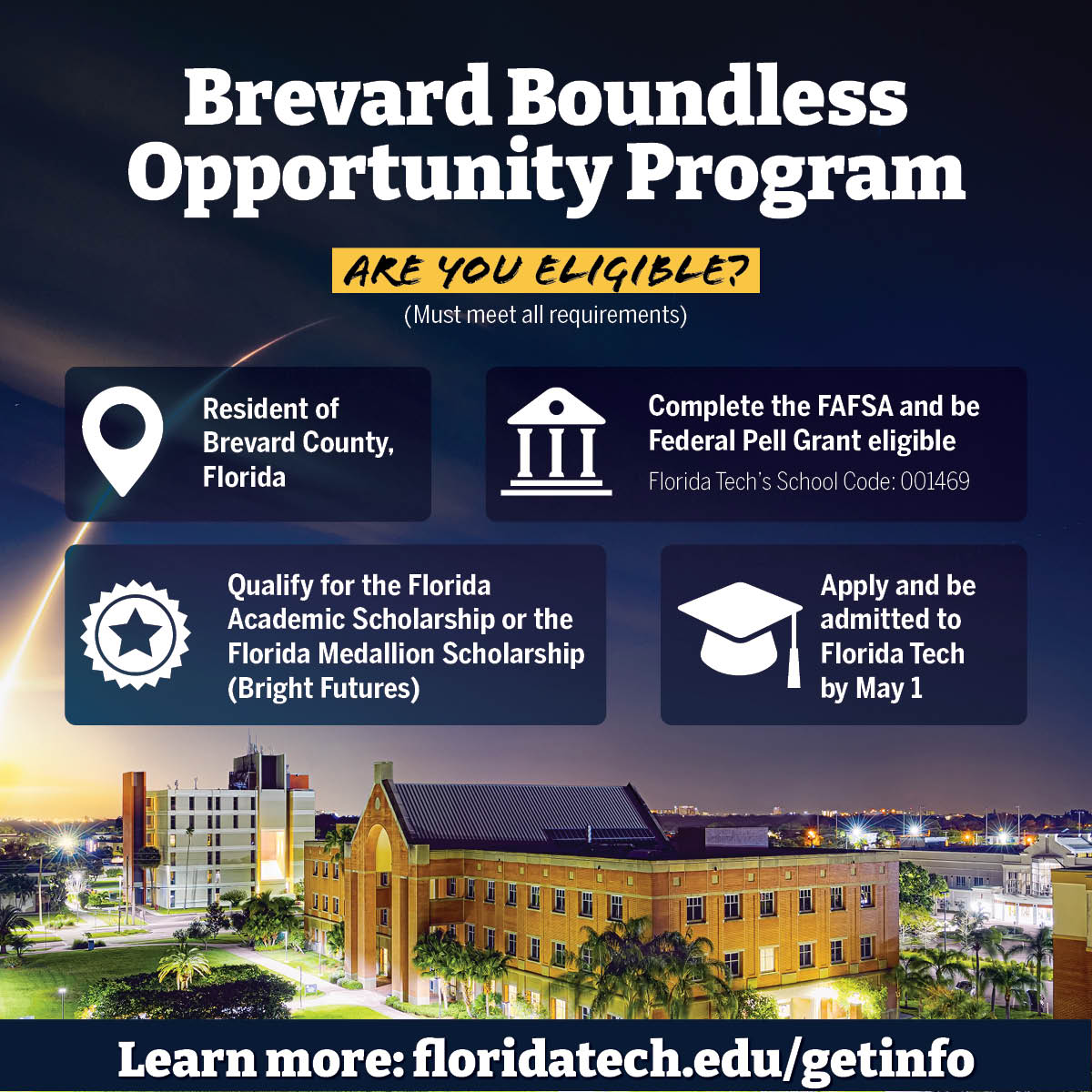 Introducing the Brevard Boundless Opportunity Program! Do you meet the requirements in the graphic below? Then you're eligible to receive a scholarship that covers your tuition and fees at Florida Tech.

Learn more at: news.fit.edu/academics-rese…
