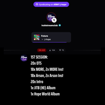 hobistreamclub's tweet photo. SESSION 2 on Stationhead has started!
📻 https://t.co/wfy603F373
Let's aim to have an average of 400 listeners to help gain 200,000 streams for whole j-hope's discography! 🔥
MORE x OTS x Arson - Intro—https://t.co/wTwTTE6WUg
#jhope #HSCLiveStream #HOPE_ON_THE_STREET https://t.co/KR5XObTZ7t