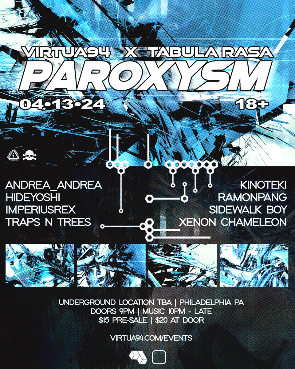 ANNOUNCING 📡
VIRTUA94 X TABULA RASA

EXPLOSIVE GENRE WHIRLWINDS AND PHILLY DEBUTS ALL AROUND.

Performances by @andreaandrea808, <a href="/RamonPang/">RamonPang</a>, <a href="/kinoteki_/">Kinoteki</a> , <a href="/hideyoshi_mr/">Mr.Hideyoshi</a>, <a href="/TrapsNTrees/">MR.EATITFROMTHEBACK</a>, @xenon_chameleon, ImperiusRex and <a href="/sidewalk_boy/">sidewalk boy</a>.

Going LATE.

TICKETS: app.promotix.com/events/details…