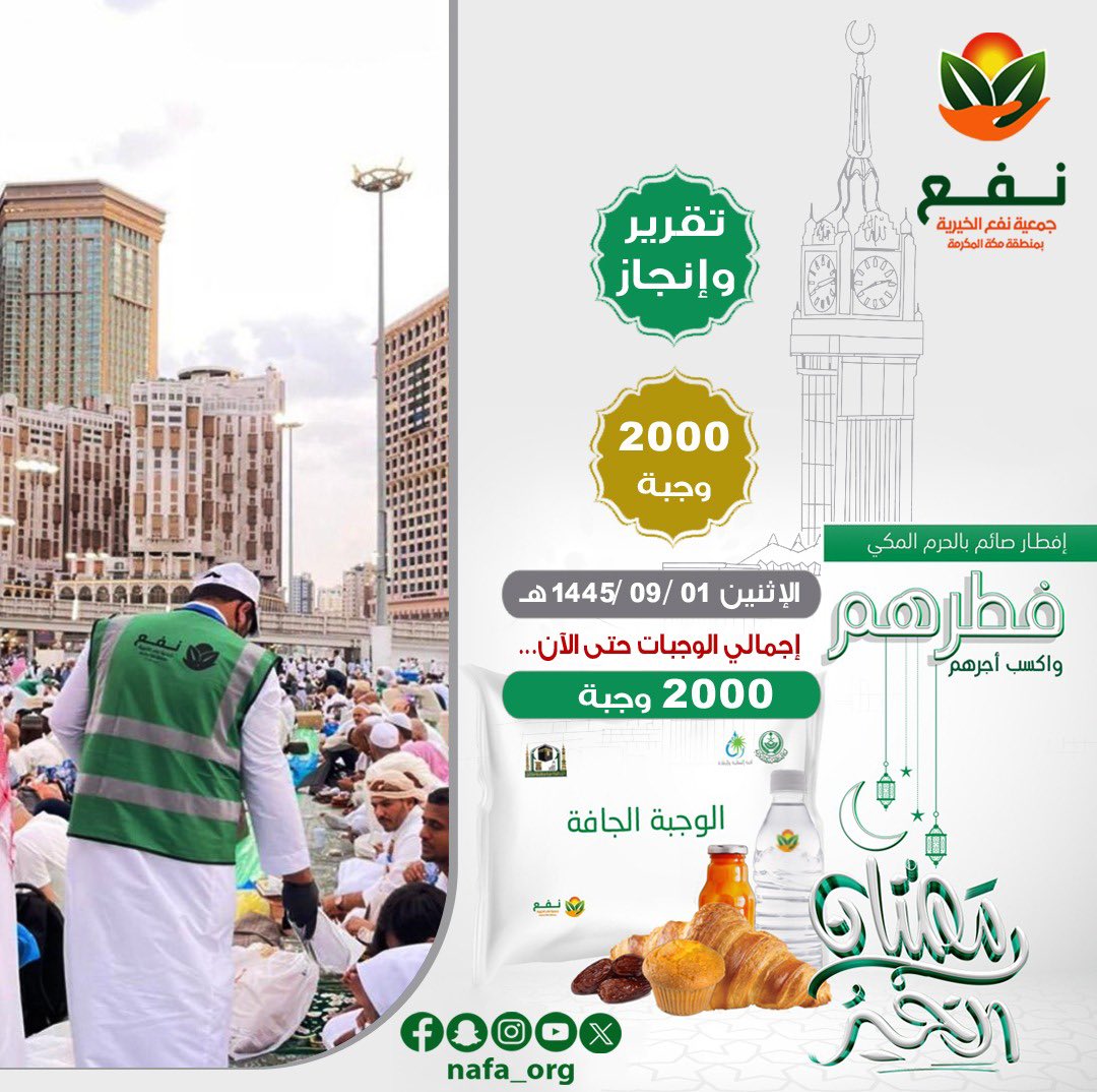Nafa_org's tweet photo. جمعية #نفع الخيرية في
#اليوم_الاول_رمضان 
تنفذ مشروع #افطار_صائم الوجبة الجافة في ساحات #الحرم_المكي https://t.co/fkK2UYlag7