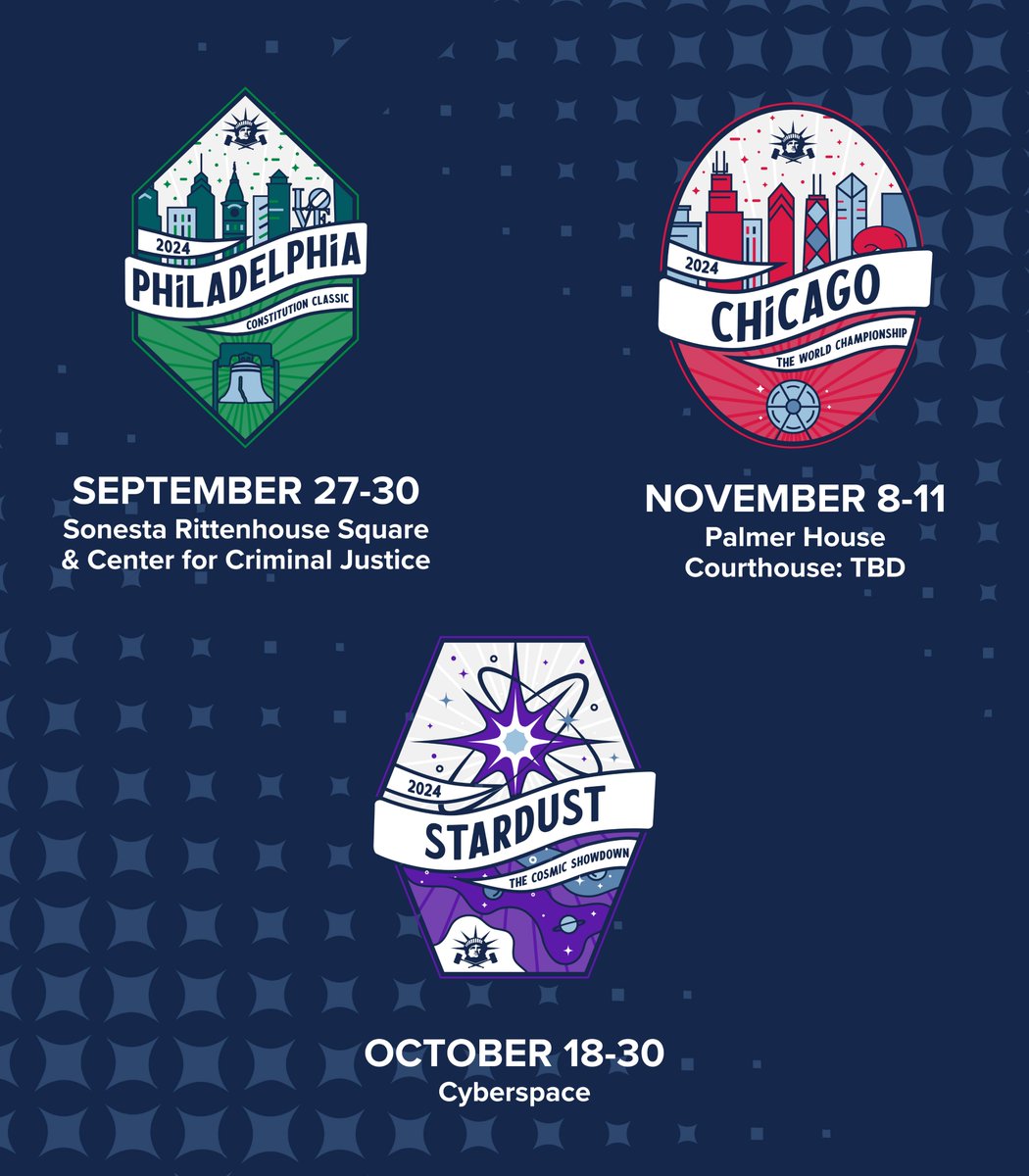 #2024Empire Schedule is OUT!🌟 We’re taking on Philly, cyberspace, &amp; Chicago – are you ready?  

🏛️ Philadelphia: Sept 27-30
🌌 Online: Oct 18-30
🌆 Chicago: Nov 8-11 

Learn more and apply now at EmpireMockTrial.org 🥳 #EmpireMockTrial#MockTrial