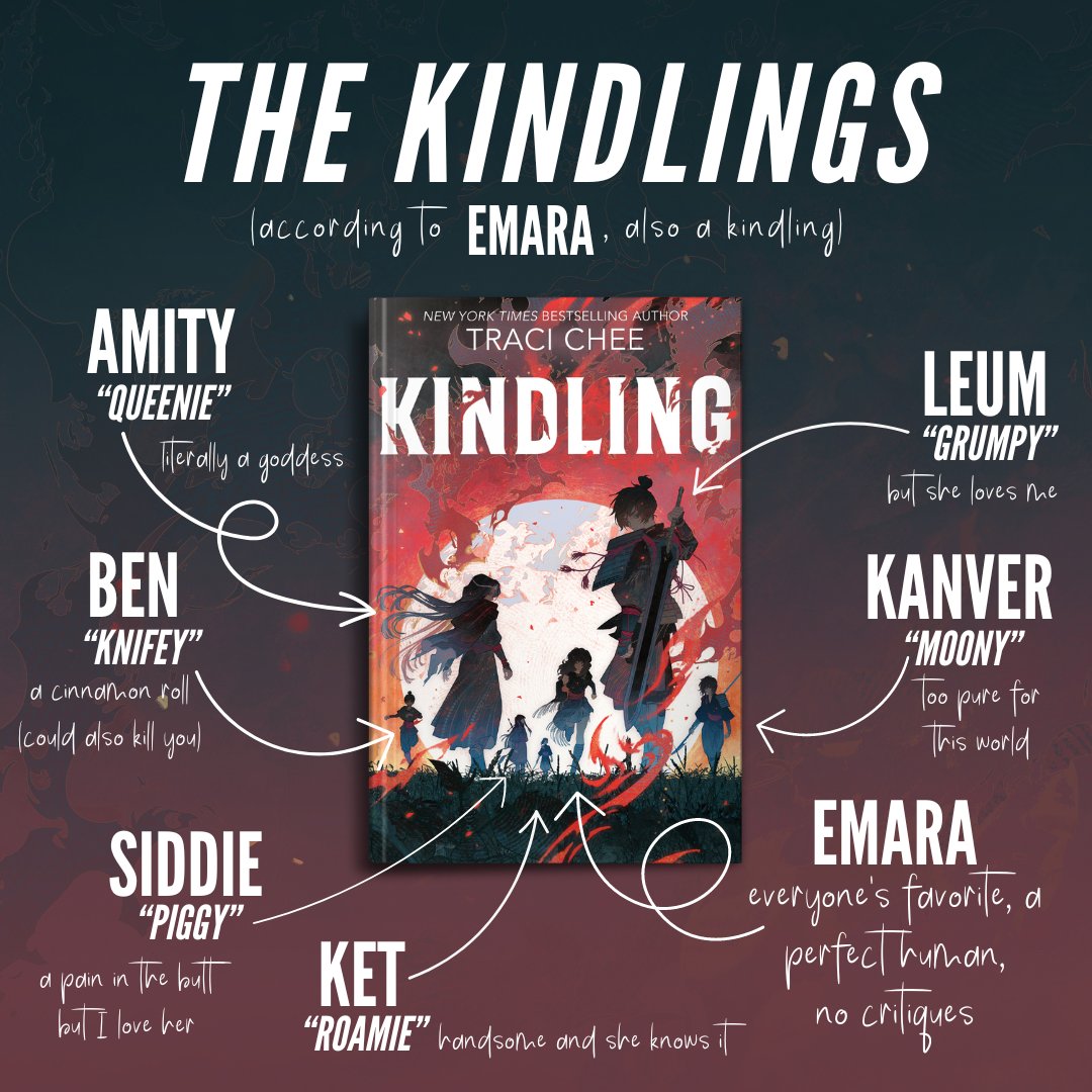 If you've started reading KINDLING, you may have met Emara. 🎉 She's got a nickname for everyone, from the world-renowned warrior (Amity) to the kid who never made it out of training (Siddie). Now here's a little more about each of the kindlings... according to Emara at least! 😂