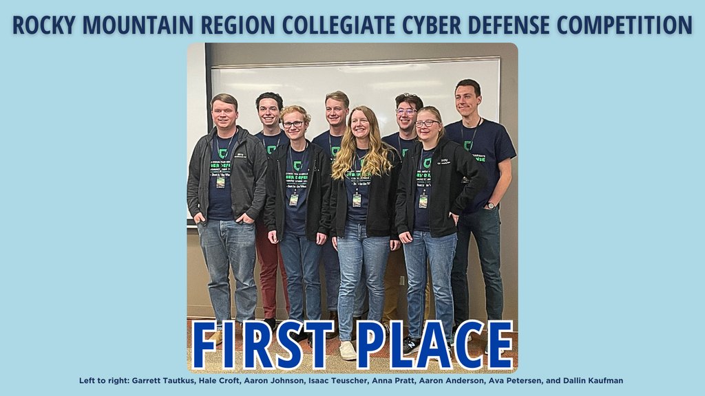 BYU_IS's tweet photo. Exciting news! BYU's cybersecurity team just clinched FIRST PLACE in the Rocky Mountain Region Collegiate Cyber Defense Competition! Defending servers, managing business requests, and engaging hackers 

Next stop: National Collegiate Cyber Defense Competition! https://t.co/csDn4e4MFs