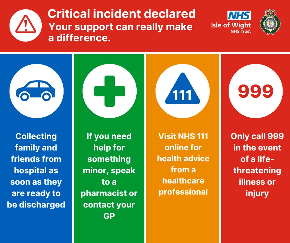 Due to extreme pressure we have declared a critical incident. 🚨 Visit 111 online 111.nhs.uk and only call 999 for life-threatening condition or injury. 👨‍👩‍👦 Support us by collecting patients from hospital when they are ready to be discharged: iownhs.co.uk/3PbYYQL