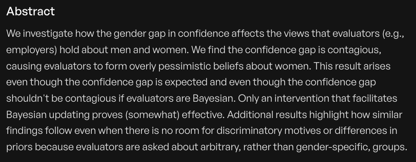 SSRC (@ssrc_org) on Twitter photo In <a href="/AEAjournals/">AEA Journals</a> AER, <a href="/christine_exley/">Christine Exley</a> & @KirbyKNielsena show in a series of experiments that evaluators form overly pessimistic beliefs about women’s performance due to failures of Bayesian updating.
aeaweb.org/articles?id=10… In <a href="/AEAjournals/">AEA Journals</a> AER, <a href="/christine_exley/">Christine Exley</a> & @KirbyKNielsena show in a series of experiments that evaluators form overly pessimistic beliefs about women’s performance due to failures of Bayesian updating.
aeaweb.org/articles?id=10…