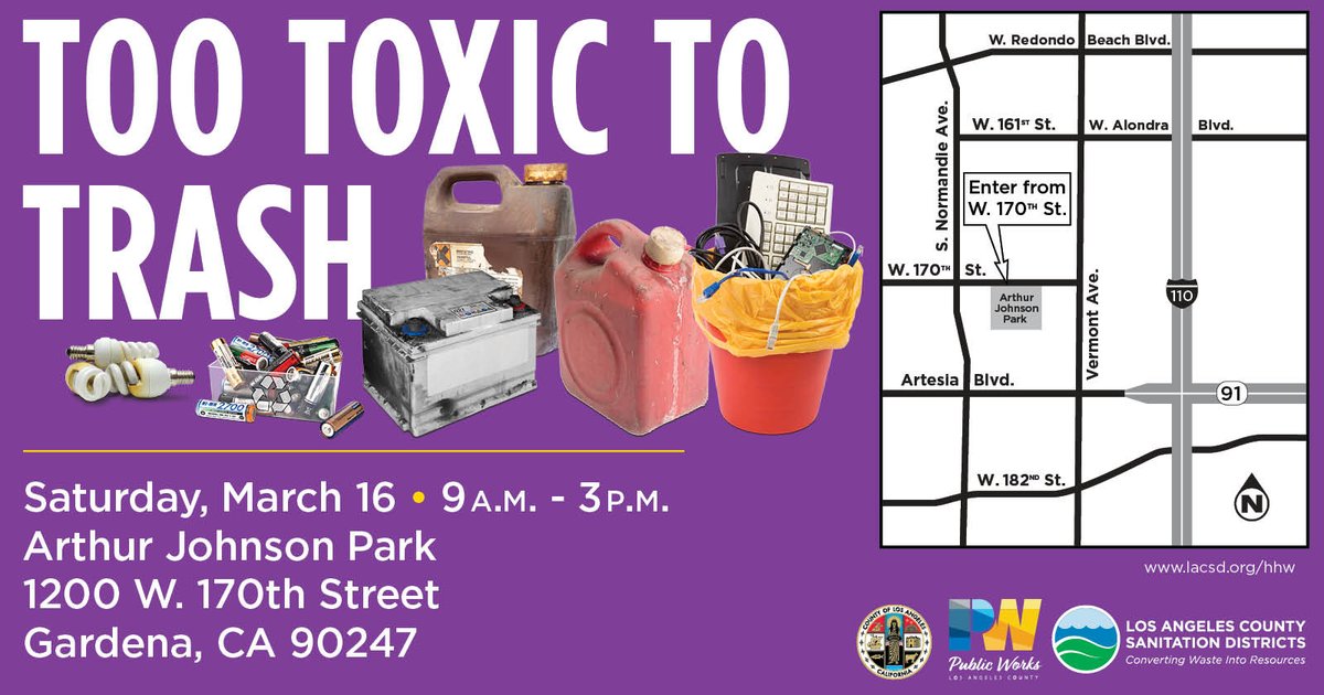 FREE Household Hazardous Waste & #EWaste Roundup on Sat Mar 16 in #Gardena at the Arthur Johnson Park (1200 W 170th St) from 9am to 3pm. Bring paints, oils, batteries, sharps, computers, TVs & more. Open to all of #LACounty! Learn more ➡️lacsd.org/home/showpubli… #recycle #ewaste