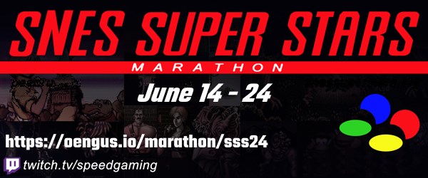 SNES Super Stars Marathon is back!
10 days of Super Nintendo / Super Famicom.
June 14 - June 24.
Submissions are open!  oengus.io/marathon/sss24
All SNES/SFC games and hacks welcome.
Deadline May 12.
Discord:  discord.gg/uwM8q8M