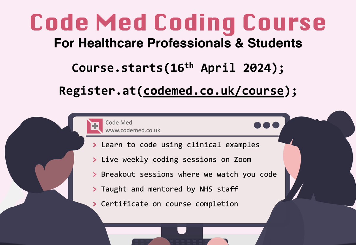 Just over a month to go until our coding course for healthcare staff starts…

and it’s nearly 75% fully booked up!

Designed for &amp; delivered by NHS healthcare staff
🖥️ Learn to code
🔧 Diversify your skills
🏥 Benefit patient care

Sign up: codemed.co.uk/course/

#MedTwitter