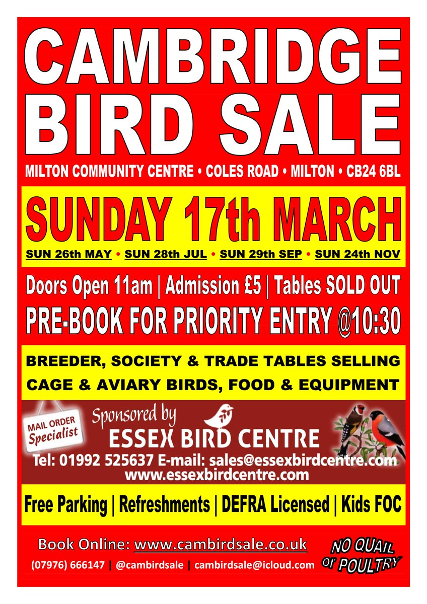 cambirdsale's tweet photo. Our spring sale takes place this Sunday.

Cambridge Bird Sale
Sponsored by @Essexbirdcentre 
𝐒𝐔𝐍𝐃𝐀𝐘 𝟏𝟕𝐭𝐡 𝐌𝐀𝐑𝐂𝐇
Milton Community Centre
𝐂𝐁𝟐𝟒 𝟔𝐁𝐋
𝟏𝟏𝐚𝐦

Tables SOLD OUT
Admission £5 

Book now on: https://t.co/LIjByzgK1i for priority entry. https://t.co/zJmC1tLrws