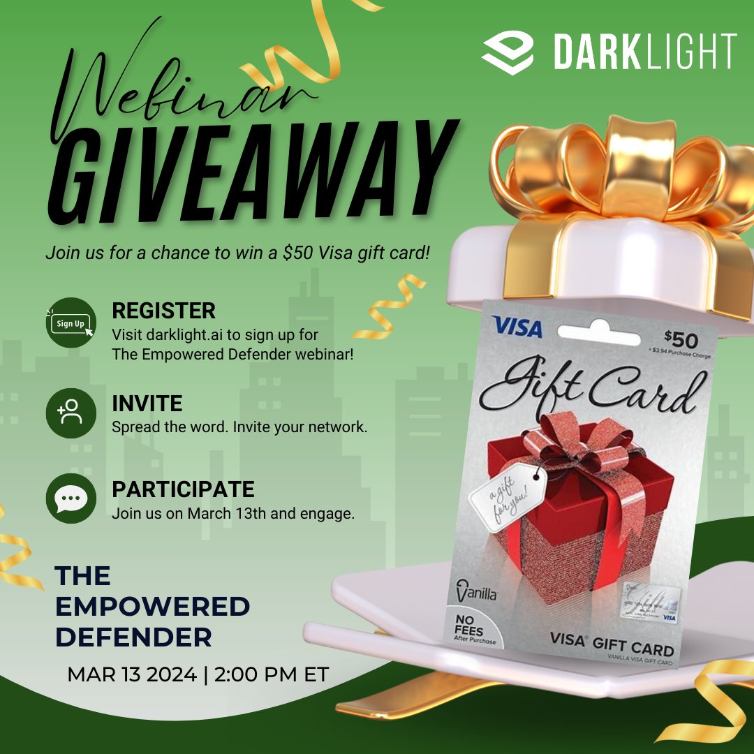 DarkLightCyber's tweet photo. Feeling lucky? Join us for March's webinar this Wednesday and you could win a gift card! Attend our session, participate, and you'll be entered into our lucky draw. Don't miss out – register now: https://t.co/s7nsFYLhjT

#TheEmpoweredDefender #StPatricksDayGiveaway https://t.co/HMYe1WYXrq